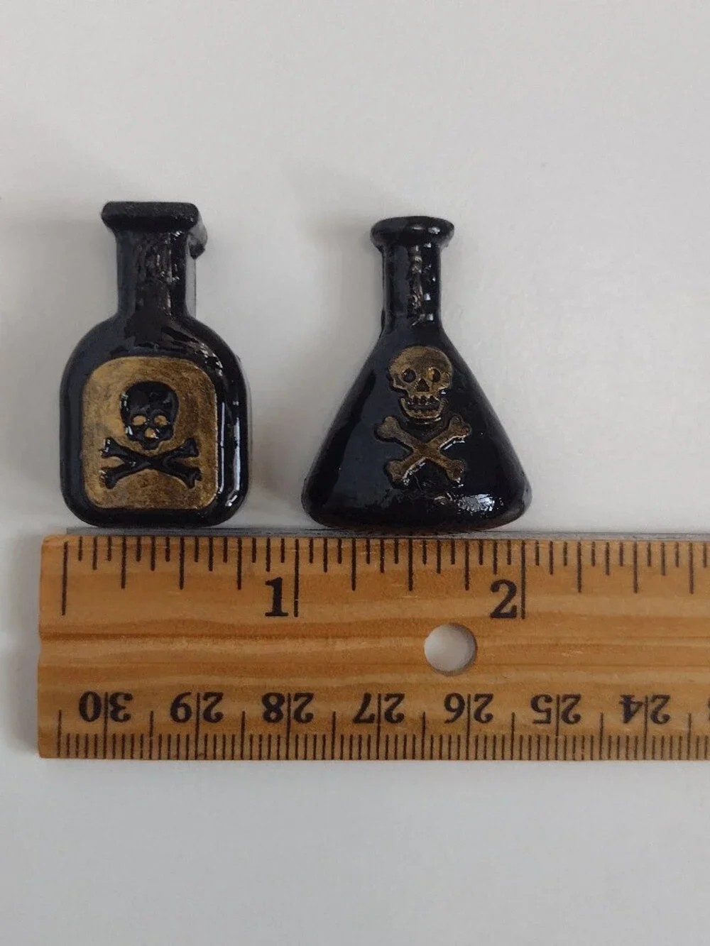 2 Black & Gold Gothic Halloween Apothecary Bottles, Skull & Crossbones Flat-back
